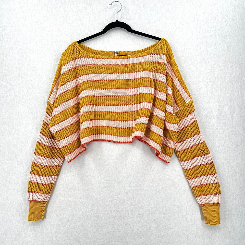 FREE PEOPLE Just My Striped Pullover Sweater Womens Small Yellow Pink Cropped - Picture 4 of 14